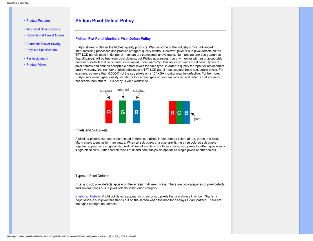 Philips 190S7 user manual Philips Pixel Defect Policy, Philips Flat Panel Monitors Pixel Defect Policy 