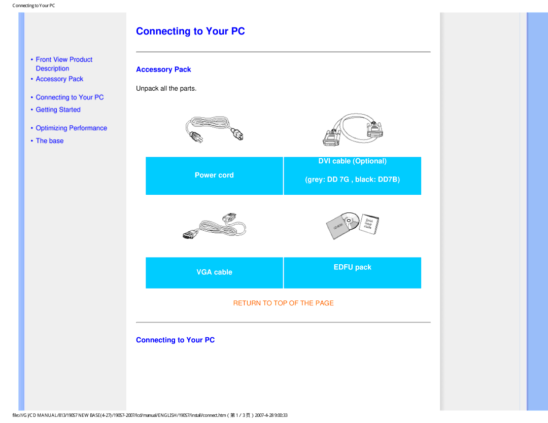 Philips 190S7 user manual Connecting to Your PC, Accessory Pack 