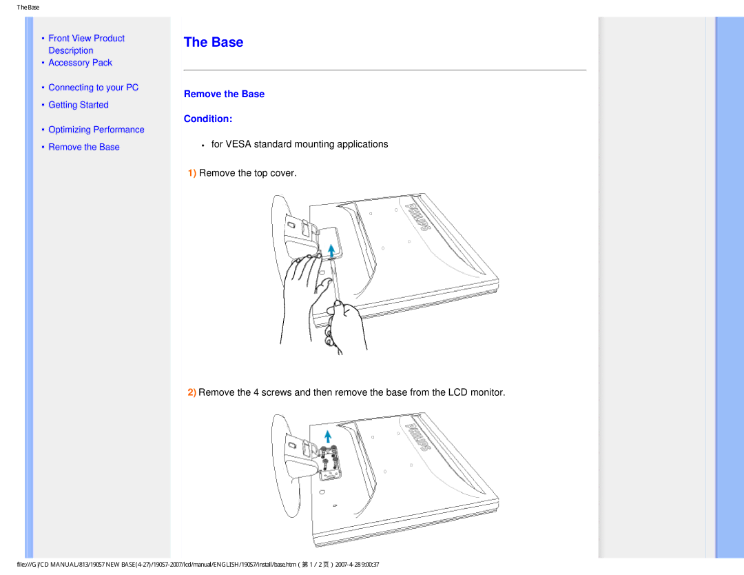 Philips 190S7 user manual Remove the Base Condition 