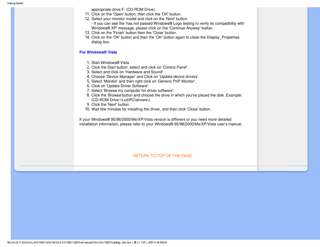 Philips 190S7 user manual For Windows Vista 