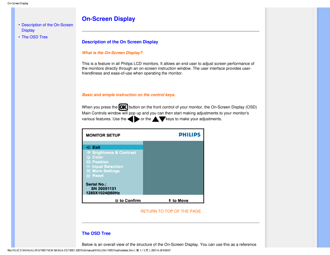 Philips 190S7 user manual On-Screen Display, Description of the On Screen Display, OSD Tree 