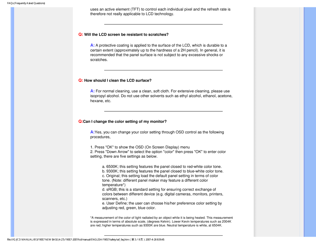 Philips 190S7 user manual Will the LCD screen be resistant to scratches?, How should I clean the LCD surface? 