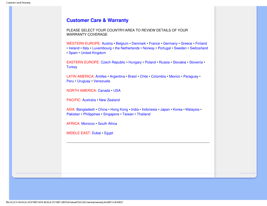 Philips 190S7 user manual Customer Care & Warranty, North America Canada USA 