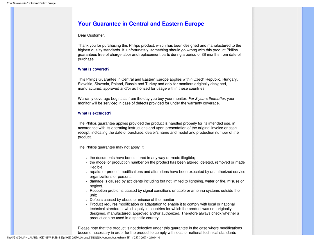 Philips 190S7 user manual Your Guarantee in Central and Eastern Europe 