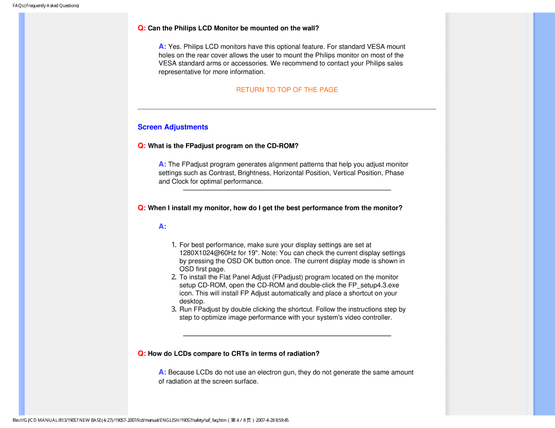 Philips 190S7 user manual Screen Adjustments, Can the Philips LCD Monitor be mounted on the wall? 