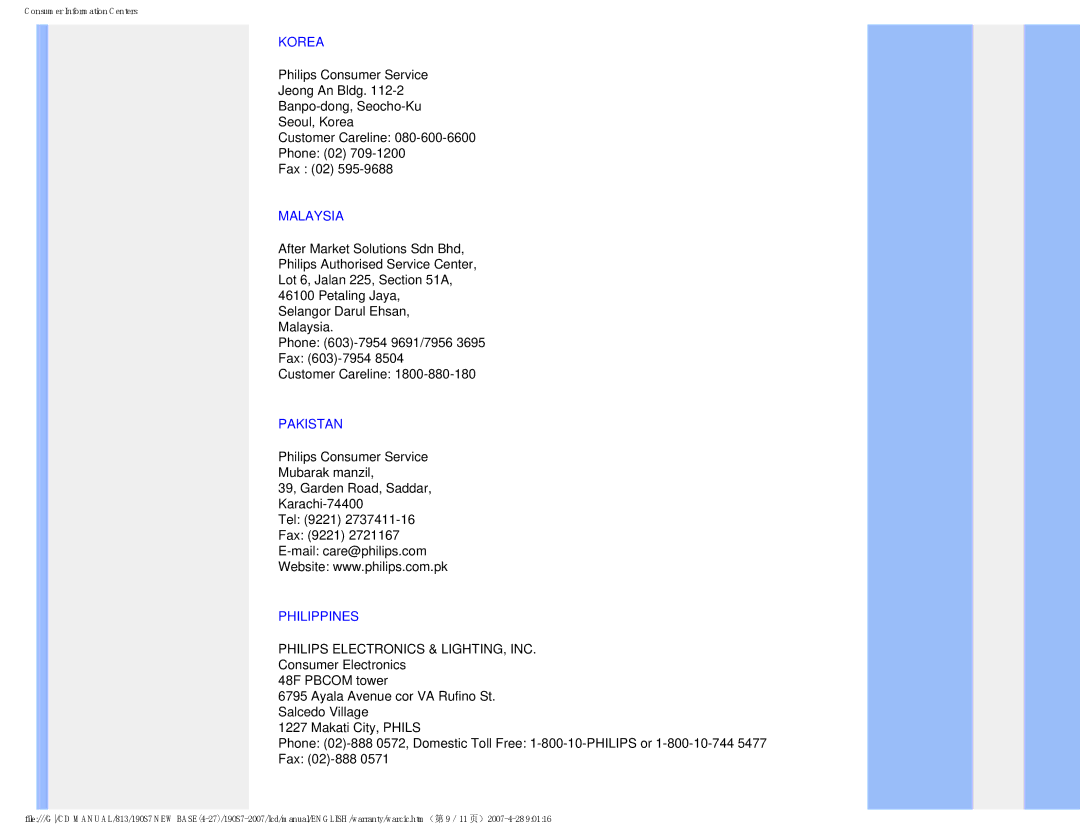 Philips 190S7 user manual Korea, Malaysia, Pakistan, Philippines 