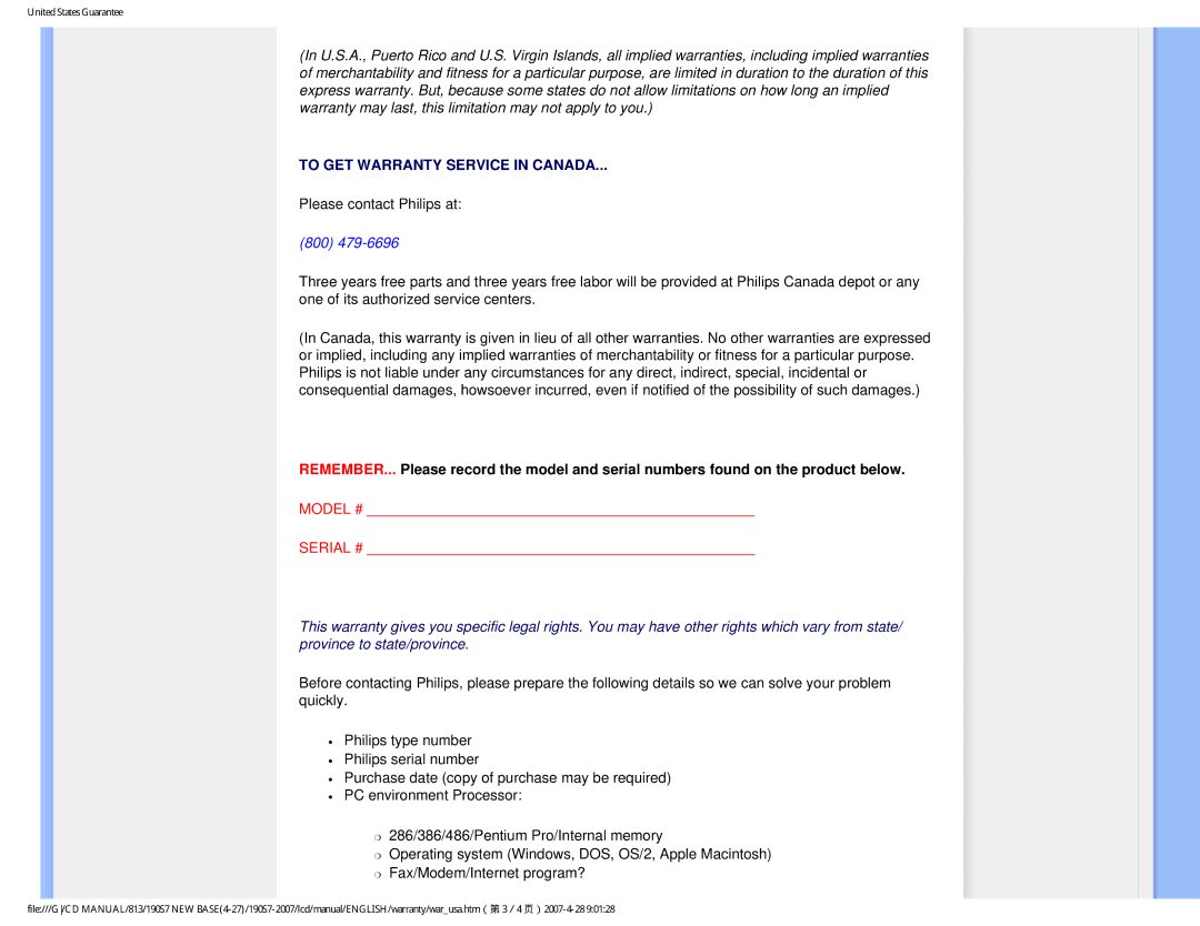 Philips 190S7 user manual To GET Warranty Service in Canada 
