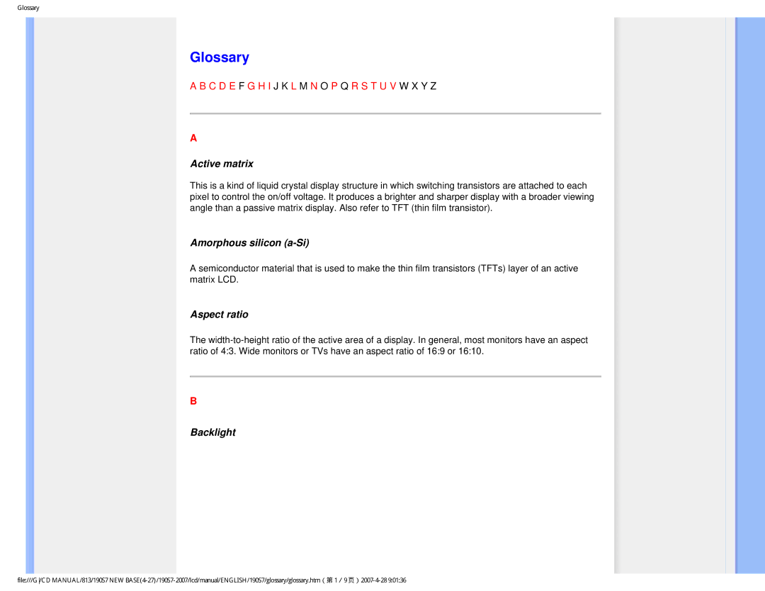 Philips 190S7 user manual Glossary, Active matrix, Amorphous silicon a-Si, Aspect ratio, Backlight 