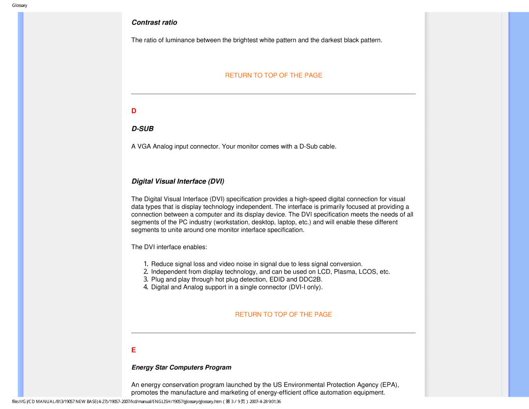 Philips 190S7 user manual Contrast ratio, Digital Visual Interface DVI 