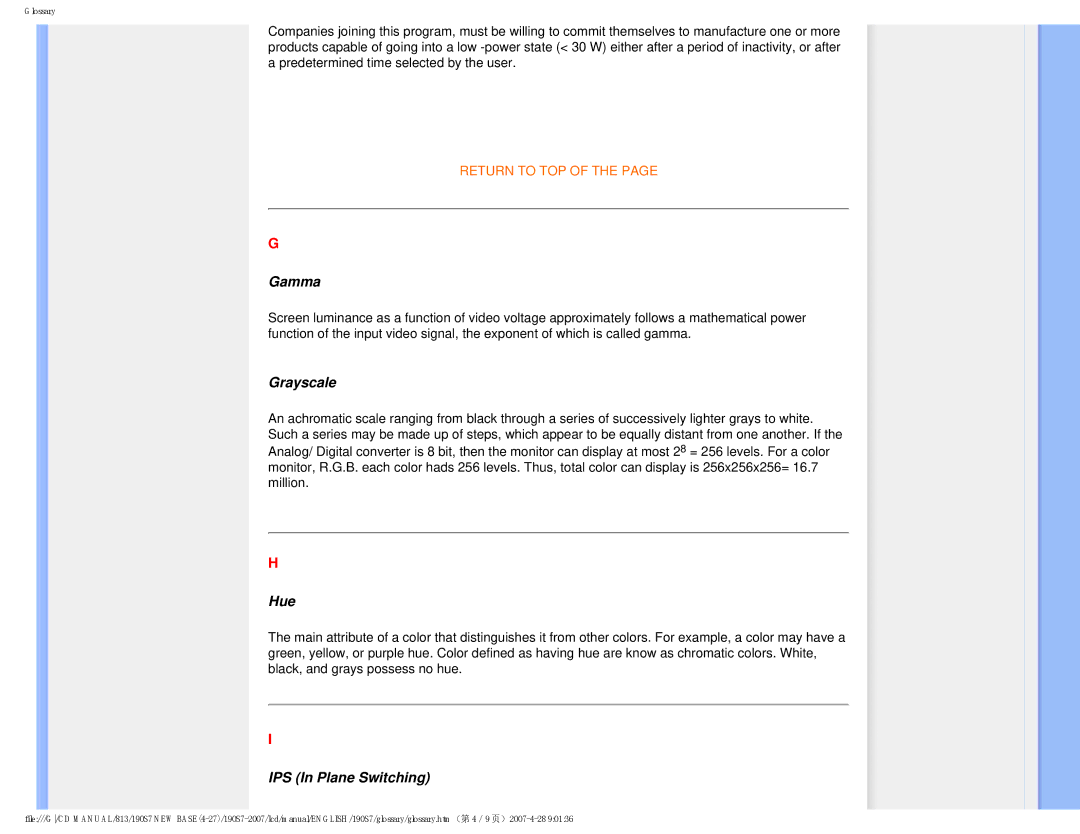 Philips 190S7 user manual Gamma, Grayscale, Hue, IPS In Plane Switching 