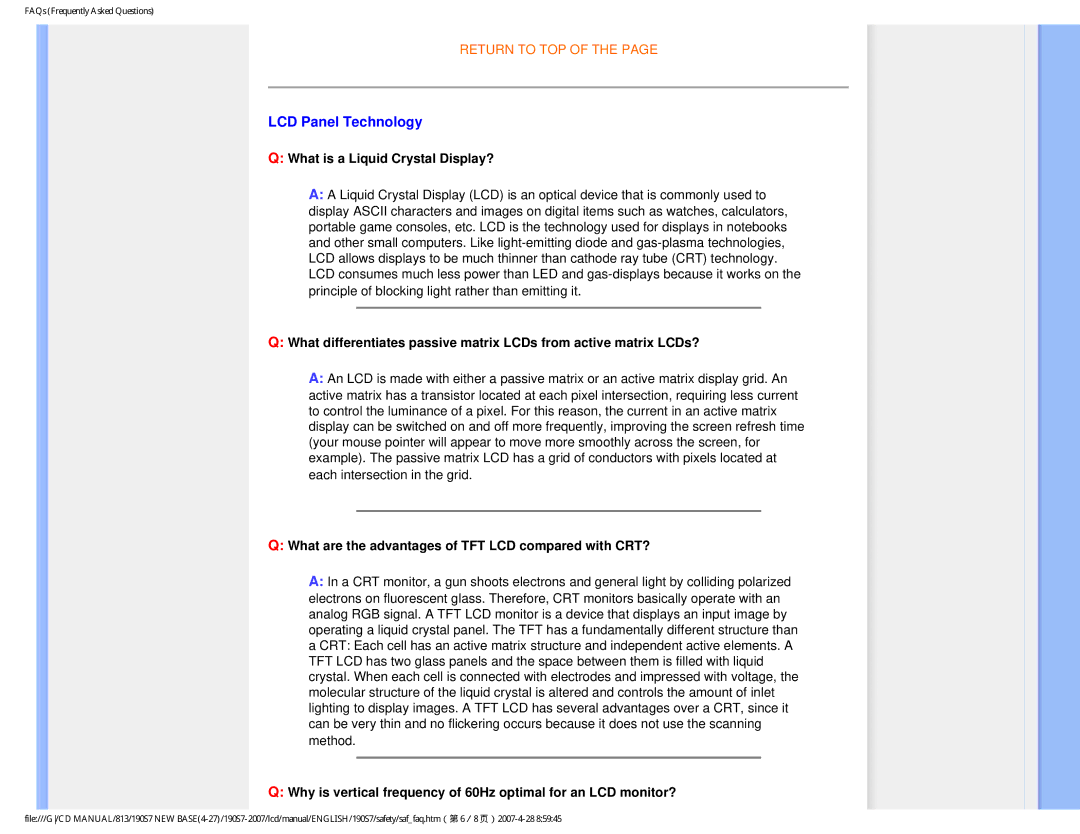 Philips 190S7 user manual LCD Panel Technology, What is a Liquid Crystal Display? 