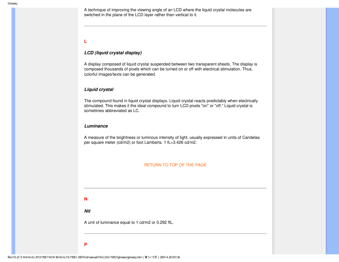 Philips 190S7 user manual LCD liquid crystal display, Liquid crystal, Luminance, Nit 