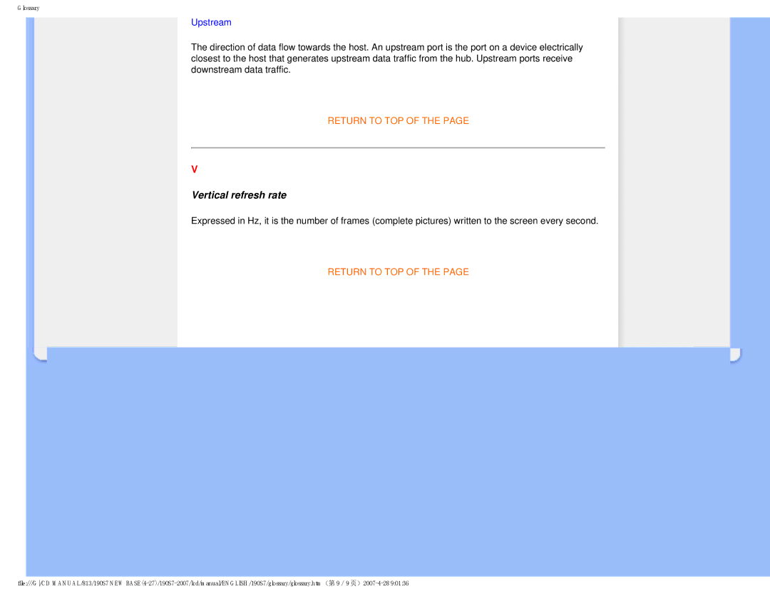 Philips 190S7 user manual Vertical refresh rate, Upstream 