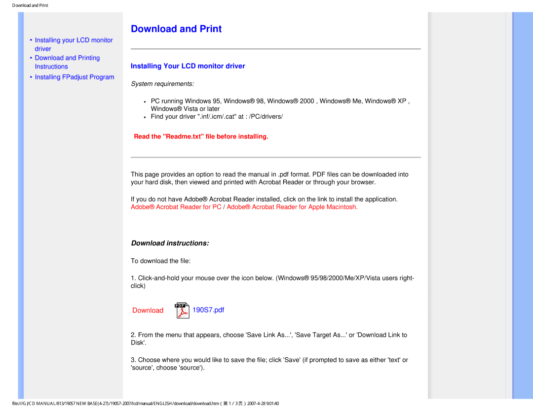Philips 190S7 user manual Download and Print, Installing Your LCD monitor driver, Download instructions 