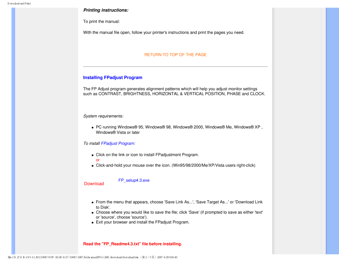 Philips 190S7 user manual Printing instructions, Installing FPadjust Program 