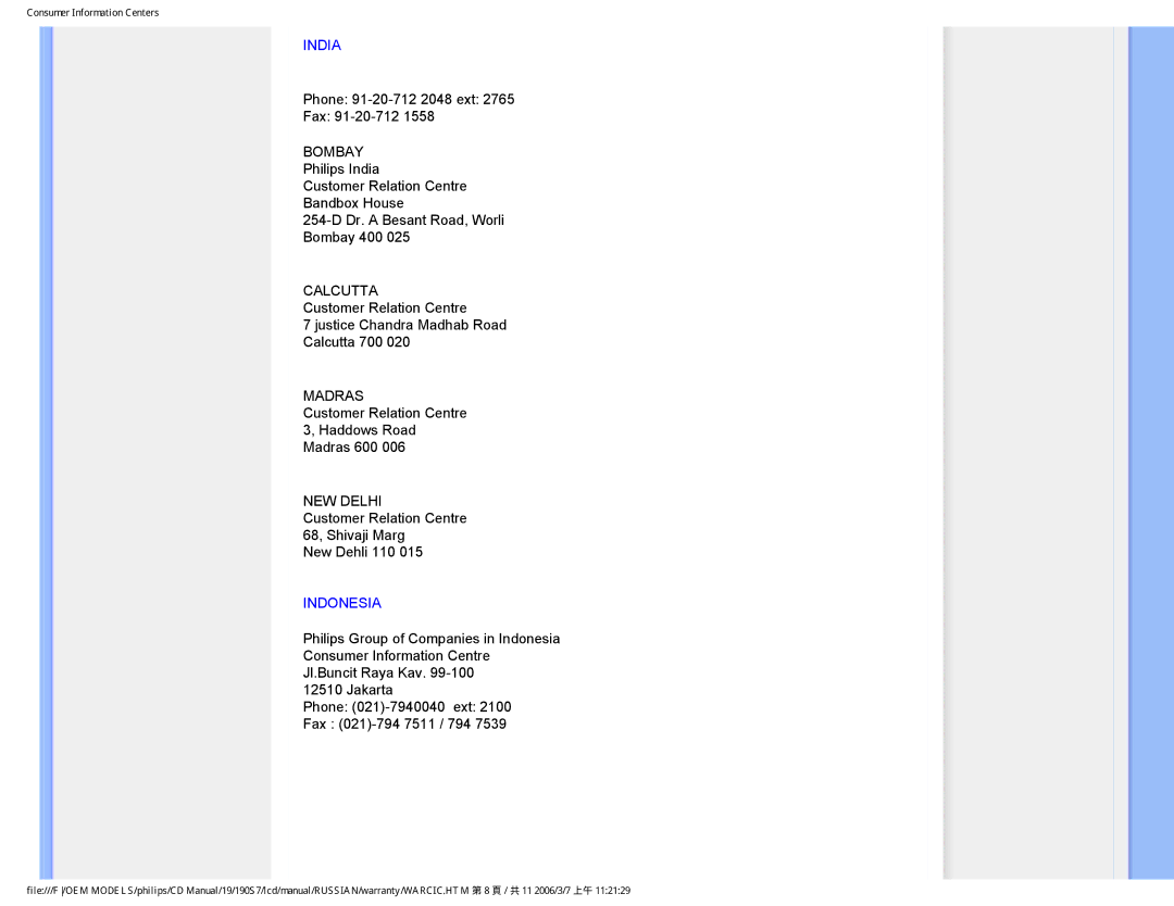 Philips 190S7FG user manual India, Indonesia 