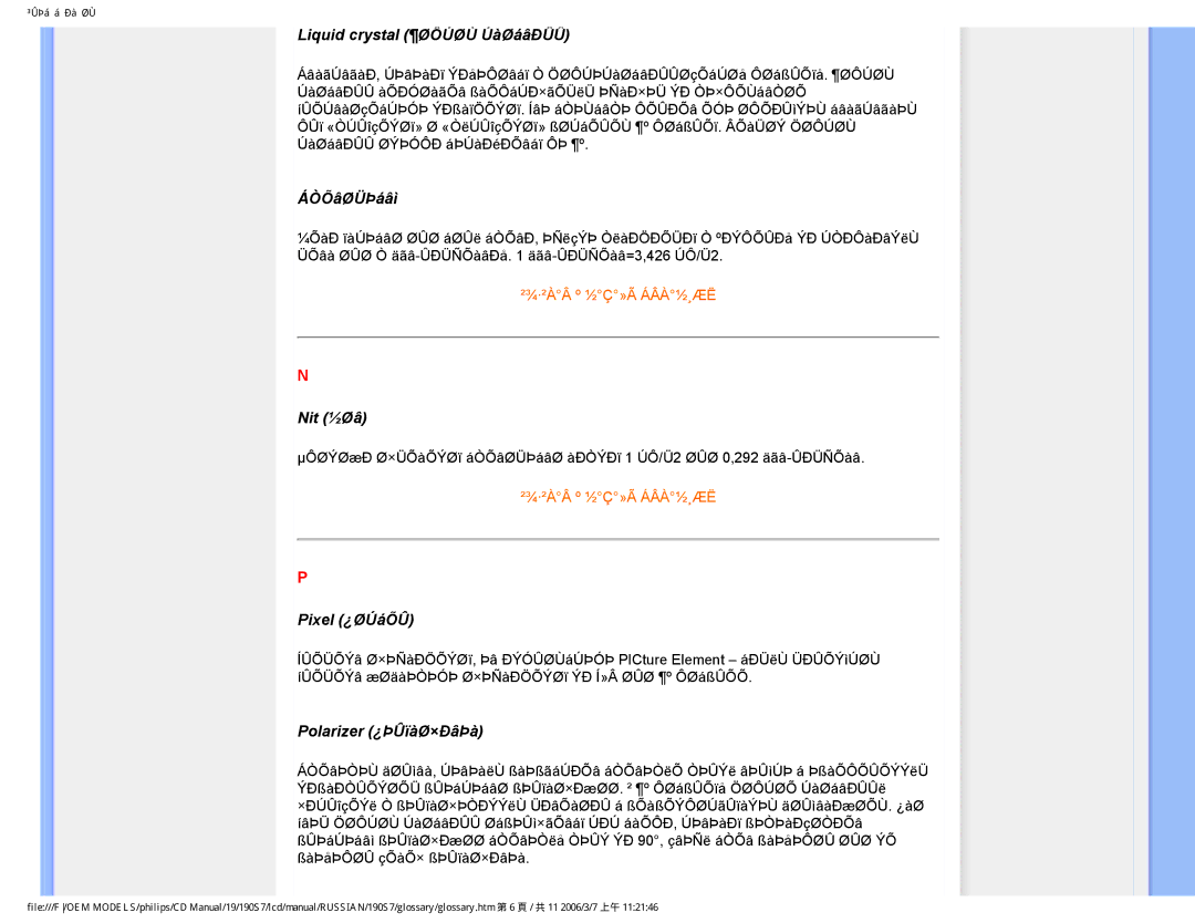 Philips 190S7FG user manual Liquid crystal ¶ØÔÚØÙ ÚàØáâÐÛÛ, ÁÒÕâØÜÞáâì, Nit ½Øâ, Pixel ¿ØÚáÕÛ, Polarizer ¿ÞÛïàØ×ÐâÞà 