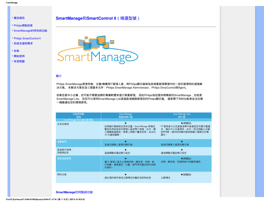 Philips 190S8 user manual SmartManage和SmartControl II（精選型號）, SmartManage的特點與功能, 產品資訊, Philips壞點政策 SmartManage的特色與功能 