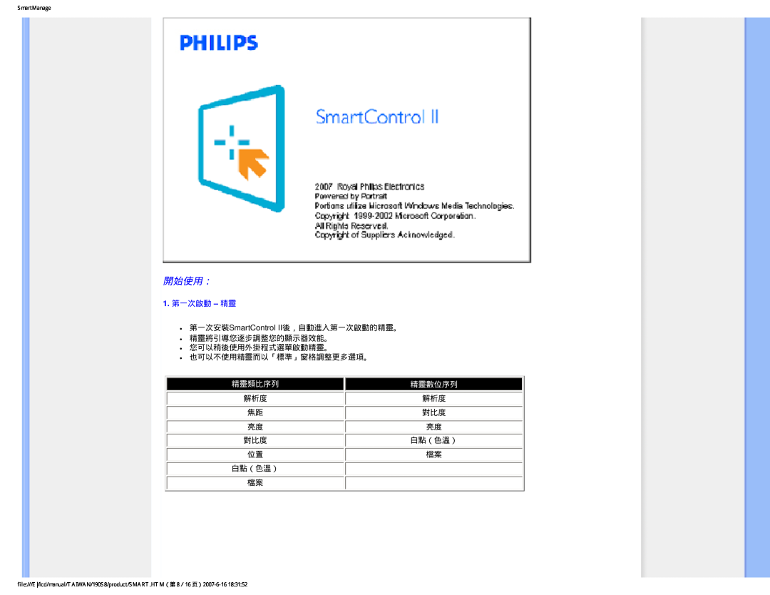 Philips 190S8 user manual 開始使用：, 1. 第一次啟動 - 精靈, 精靈類比序列, 精靈數位序列 