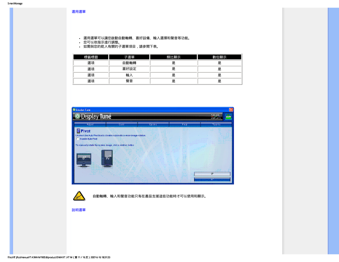 Philips 190S8 user manual 選用選單, 標籤標題, 類比顯示, 數位顯示, 說明選單 
