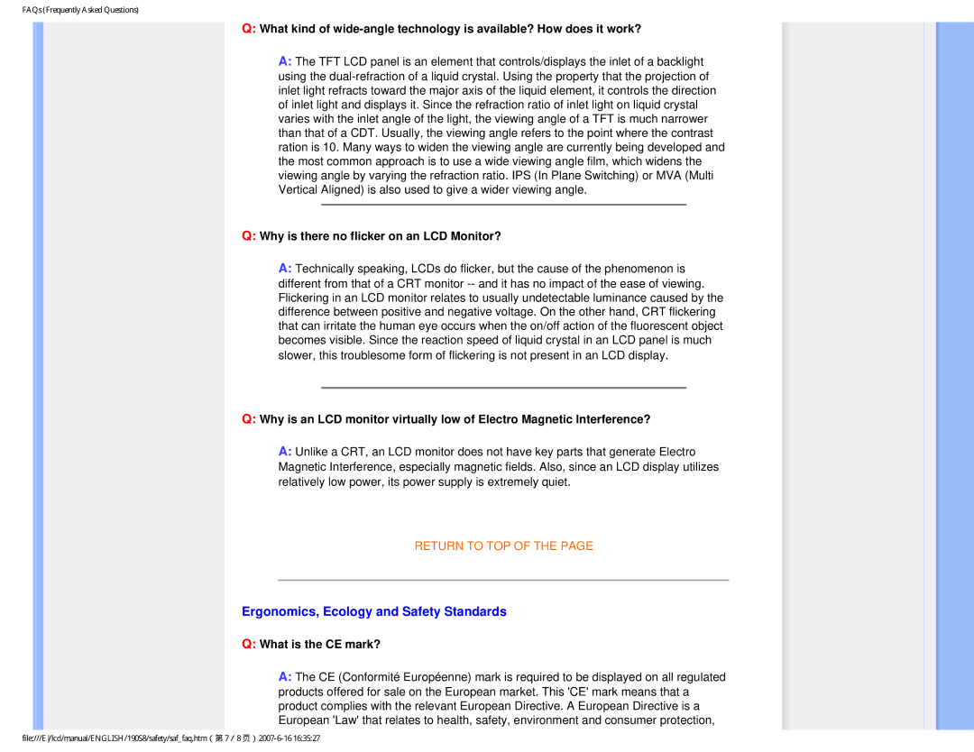 Philips 190S8 Ergonomics, Ecology and Safety Standards, Why is there no flicker on an LCD Monitor?, What is the CE mark? 