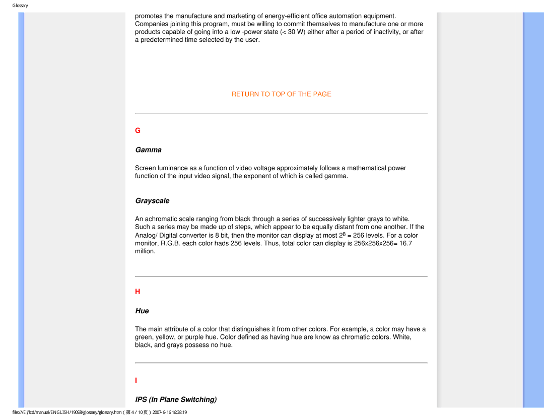 Philips 190S8 user manual Gamma, Grayscale, Hue, IPS In Plane Switching 