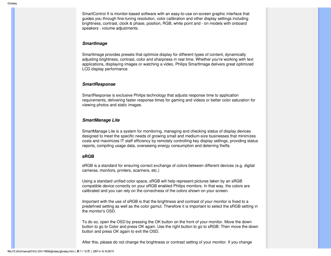 Philips 190S8 user manual SmartImage, SmartResponse, SmartManage Lite 