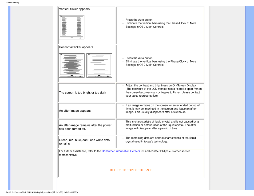 Philips 190S8 user manual Vertical flicker appears 