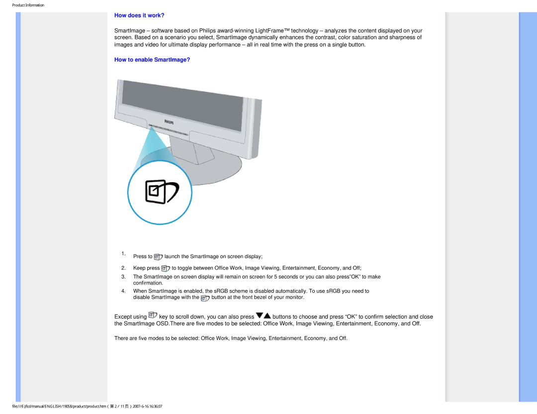 Philips 190S8 user manual How does it work?, How to enable SmartImage? 