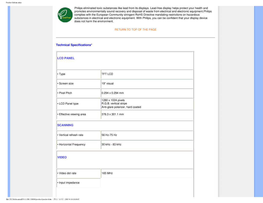 Philips 190S8 user manual Technical Specifications, LCD Panel 