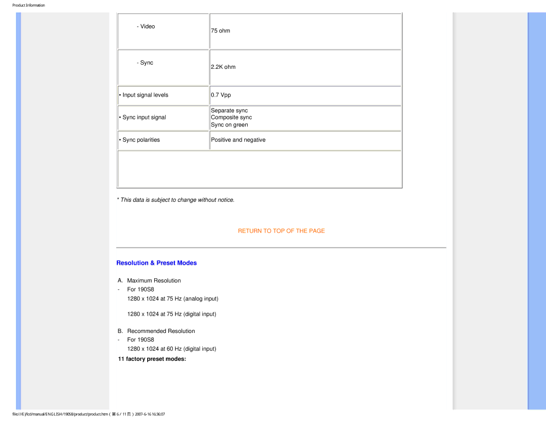 Philips 190S8 user manual Resolution & Preset Modes, Factory preset modes 