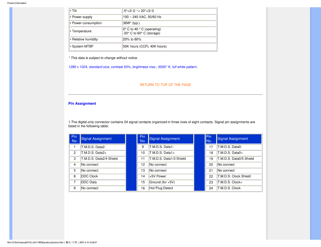 Philips 190S8 user manual Pin Assignment, Pin Signal Assignment 