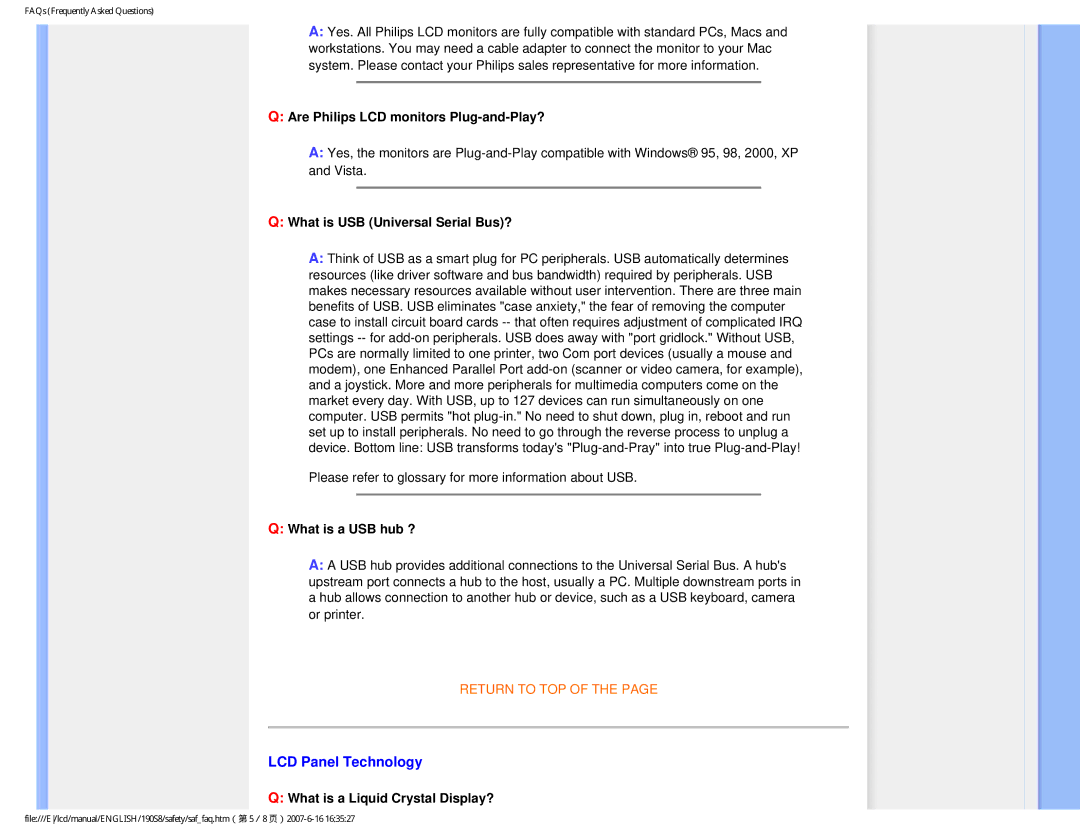 Philips 190S8 user manual LCD Panel Technology, Are Philips LCD monitors Plug-and-Play?, What is USB Universal Serial Bus? 