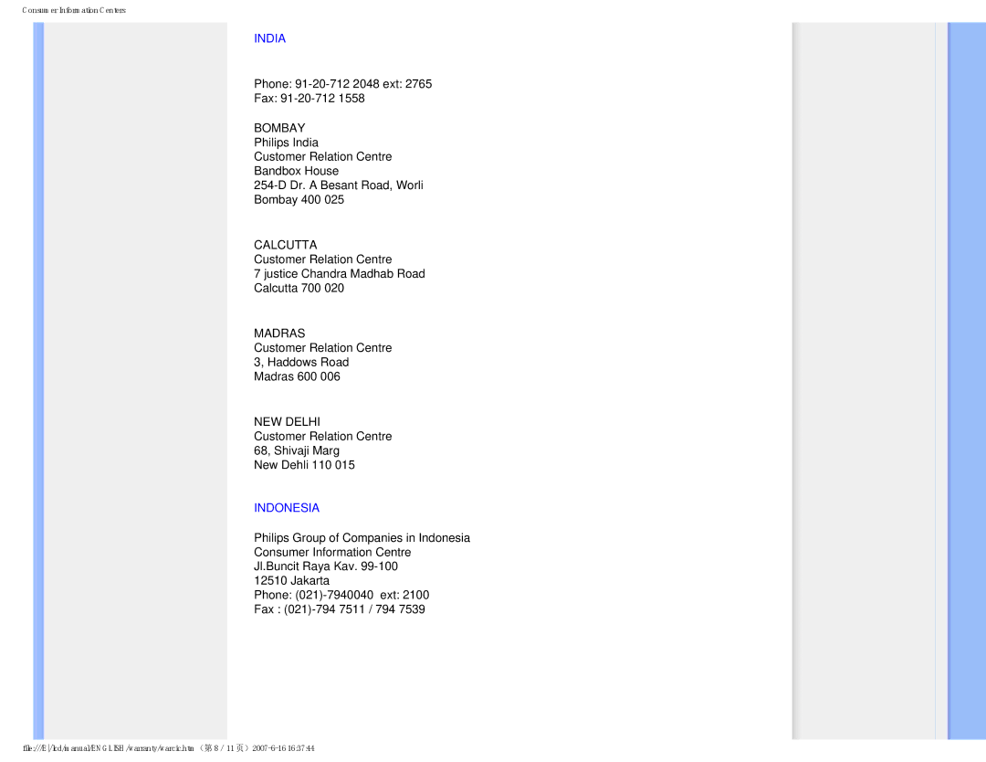 Philips 190S8 user manual India, Indonesia 