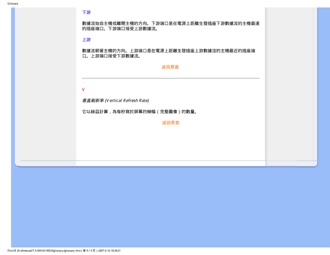 Philips 190S8 user manual 垂直刷新率 Vertical Refresh Rate 