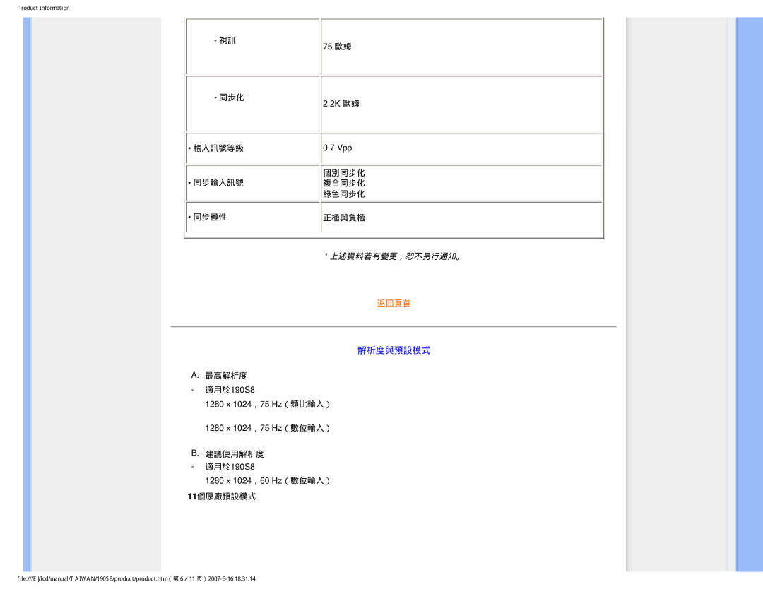 Philips 190S8 user manual 解析度與預設模式 