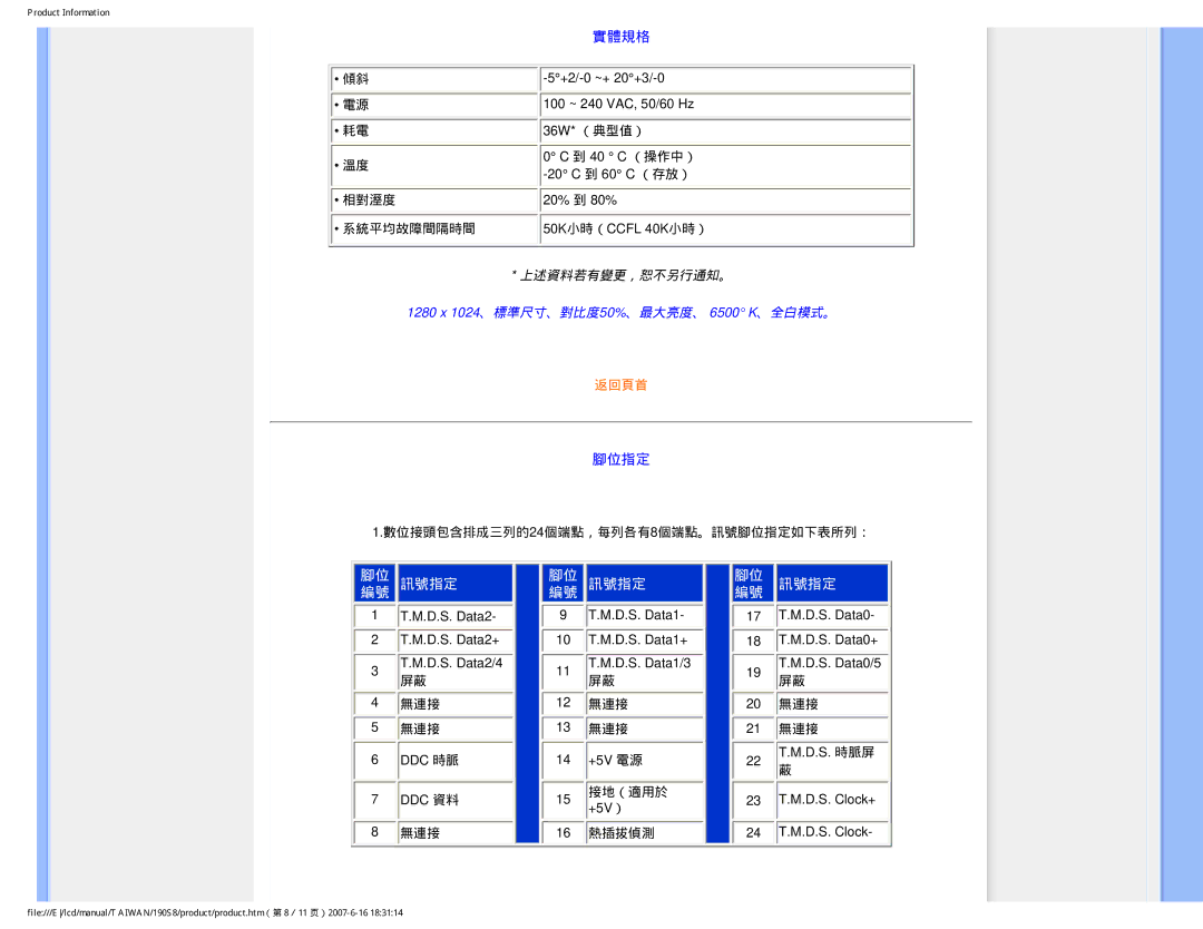 Philips 190S8 user manual 訊號指定 