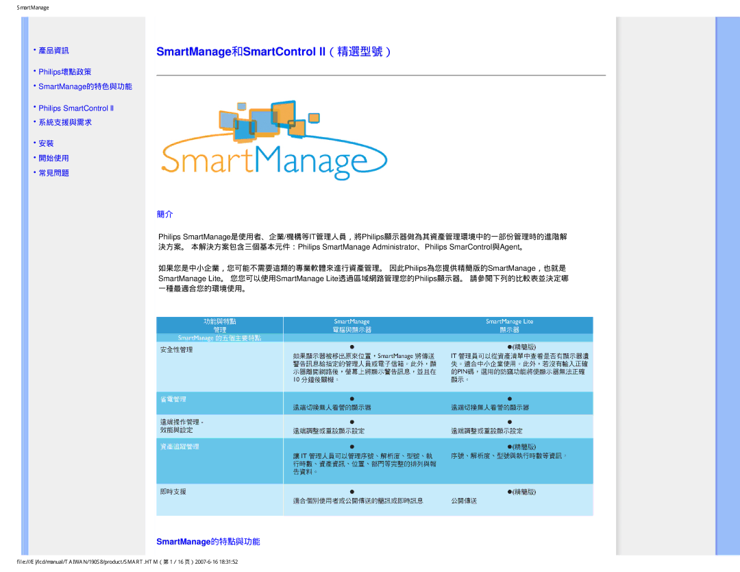 Philips 190S8 user manual SmartManage和SmartControl II（精選型號） 