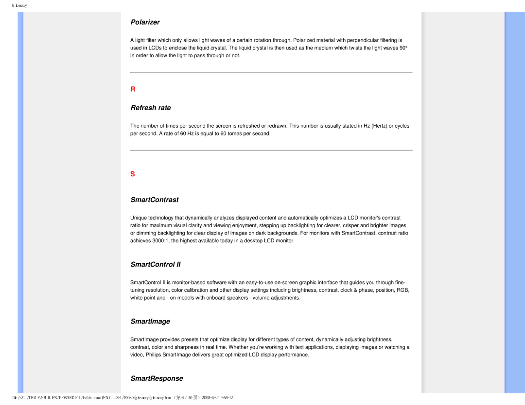 Philips 190S9 user manual Polarizer, Refresh rate, SmartContrast, SmartControl, SmartImage, SmartResponse 