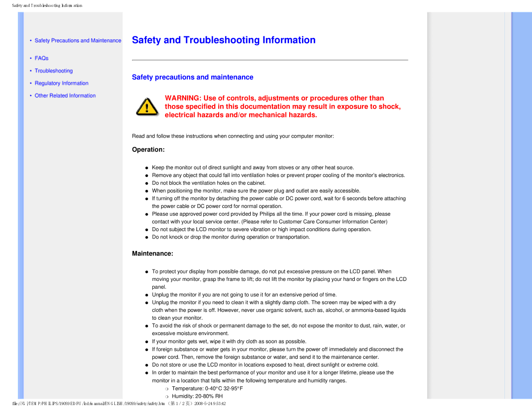 Philips 190S9 Safety and Troubleshooting Information, Safety precautions and maintenance, Operation, Maintenance 