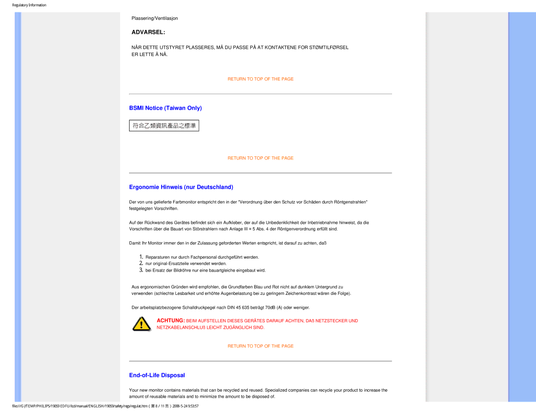 Philips 190S9 user manual Bsmi Notice Taiwan Only, Ergonomie Hinweis nur Deutschland, End-of-Life Disposal 