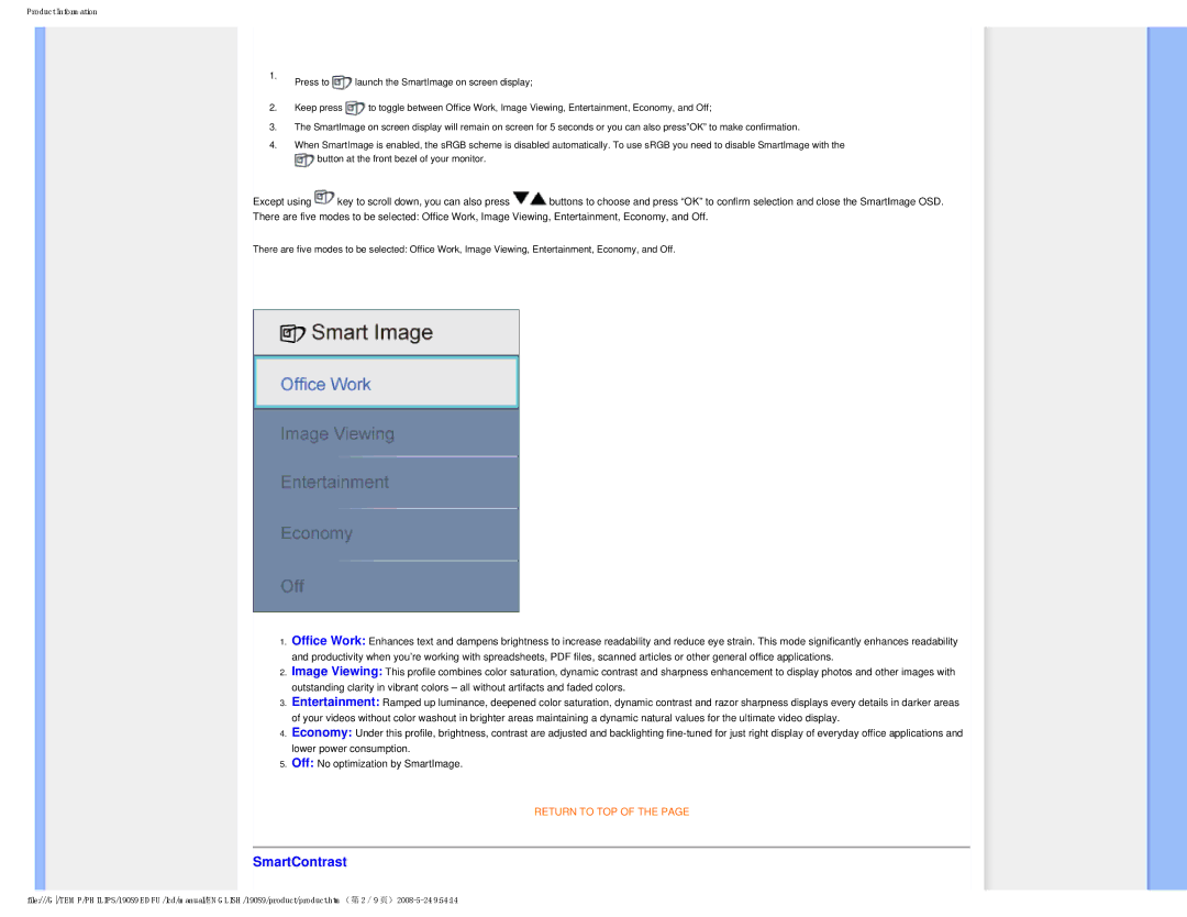 Philips 190S9 user manual SmartContrast 