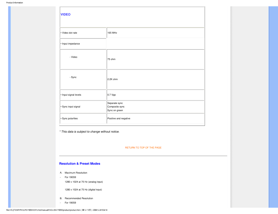 Philips 190S9 user manual Video, Resolution & Preset Modes 