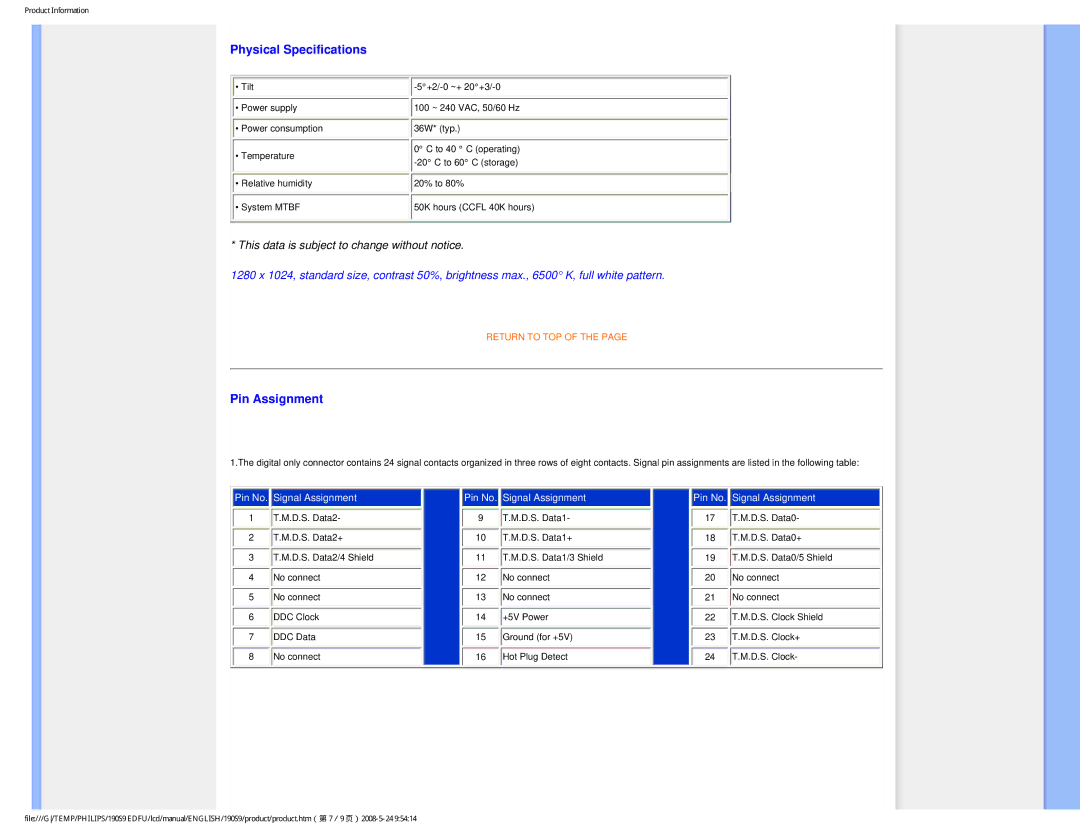 Philips 190S9 user manual Physical Specifications, Pin Assignment 