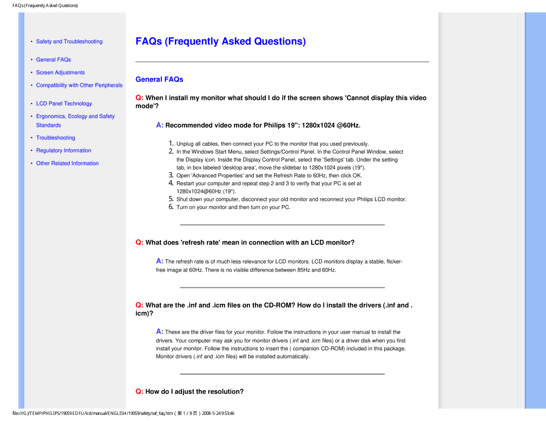 Philips 190S9 user manual FAQs Frequently Asked Questions, General FAQs 