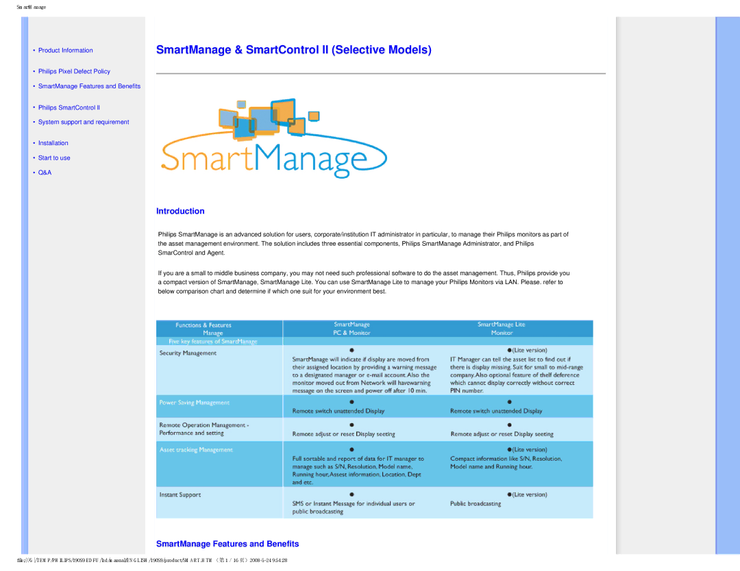 Philips 190S9 user manual Introduction, SmartManage Features and Benefits 