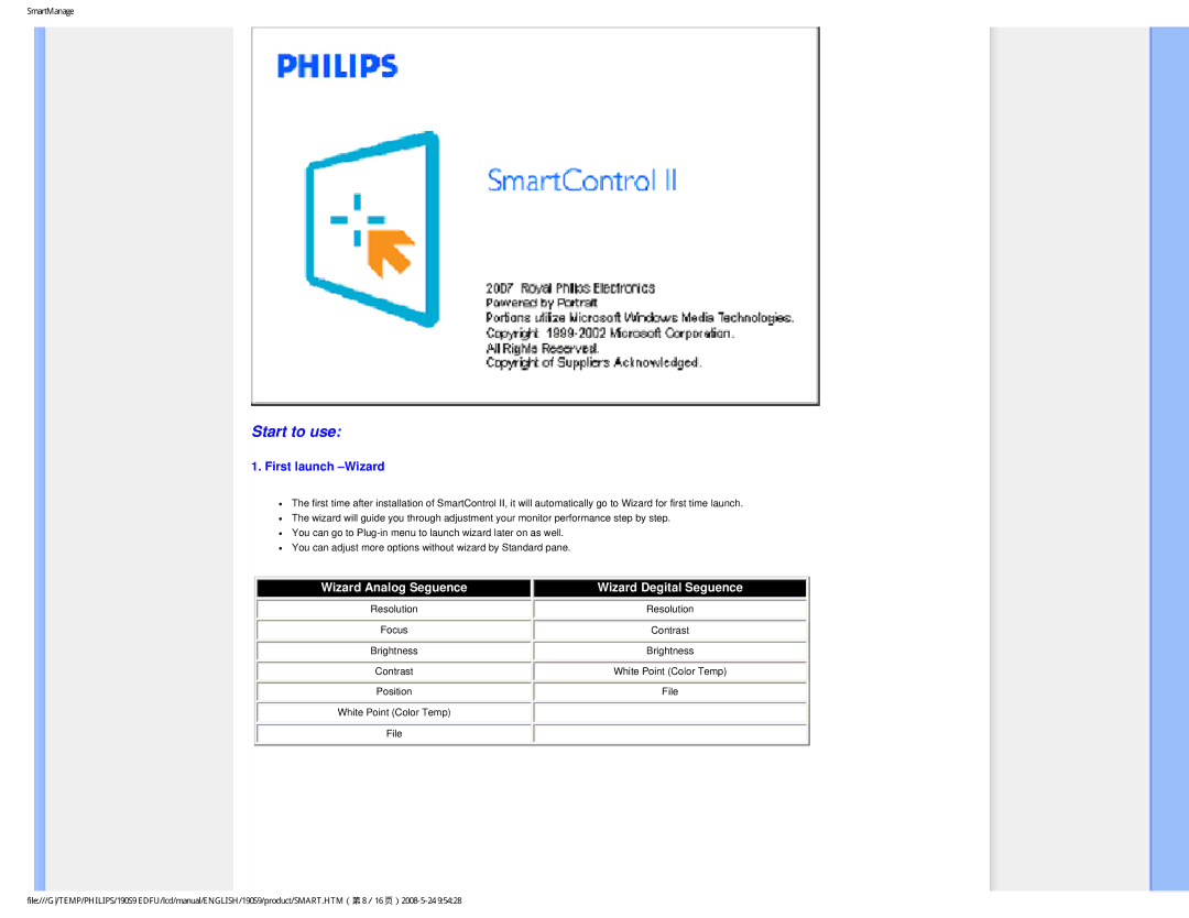 Philips 190S9 user manual Start to use, First launch -Wizard 