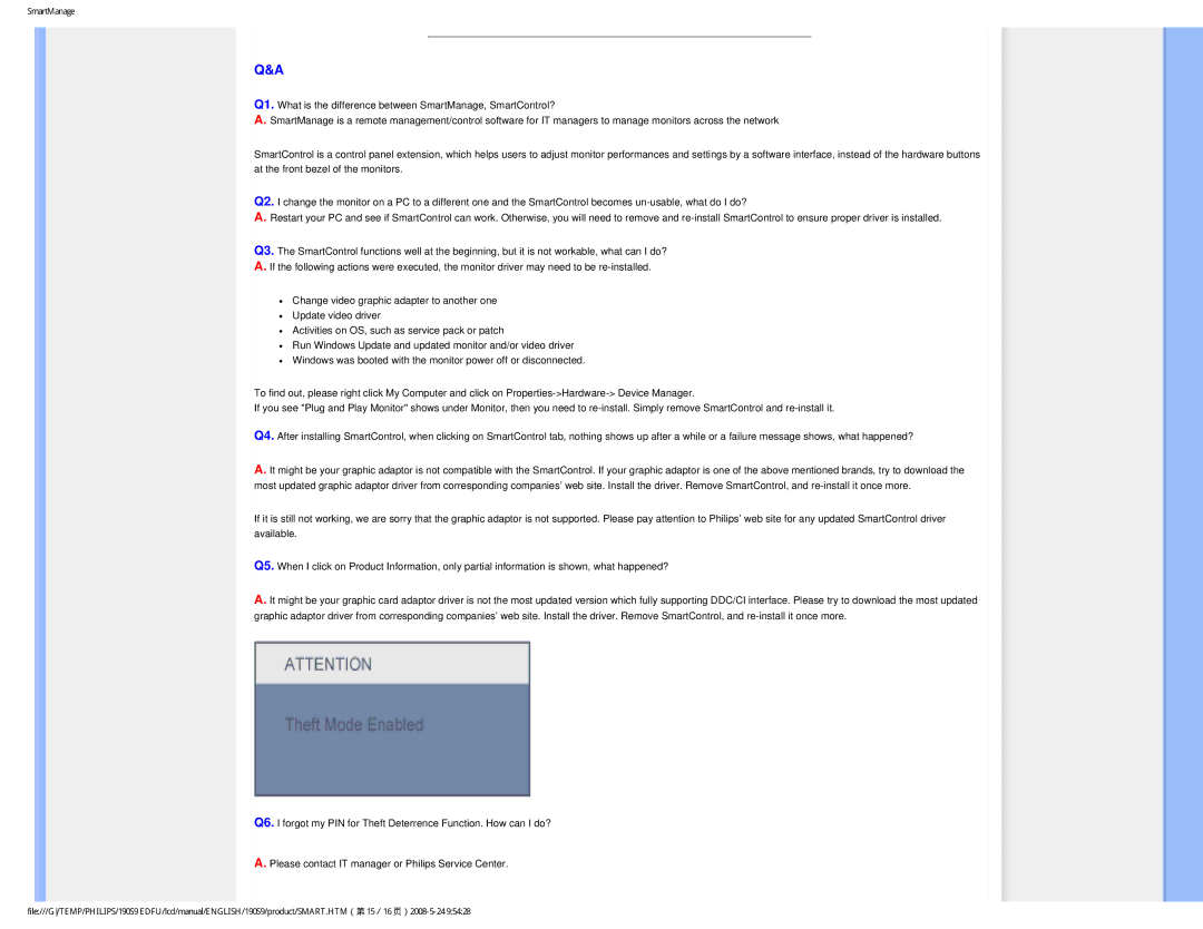 Philips 190S9 user manual SmartManage 