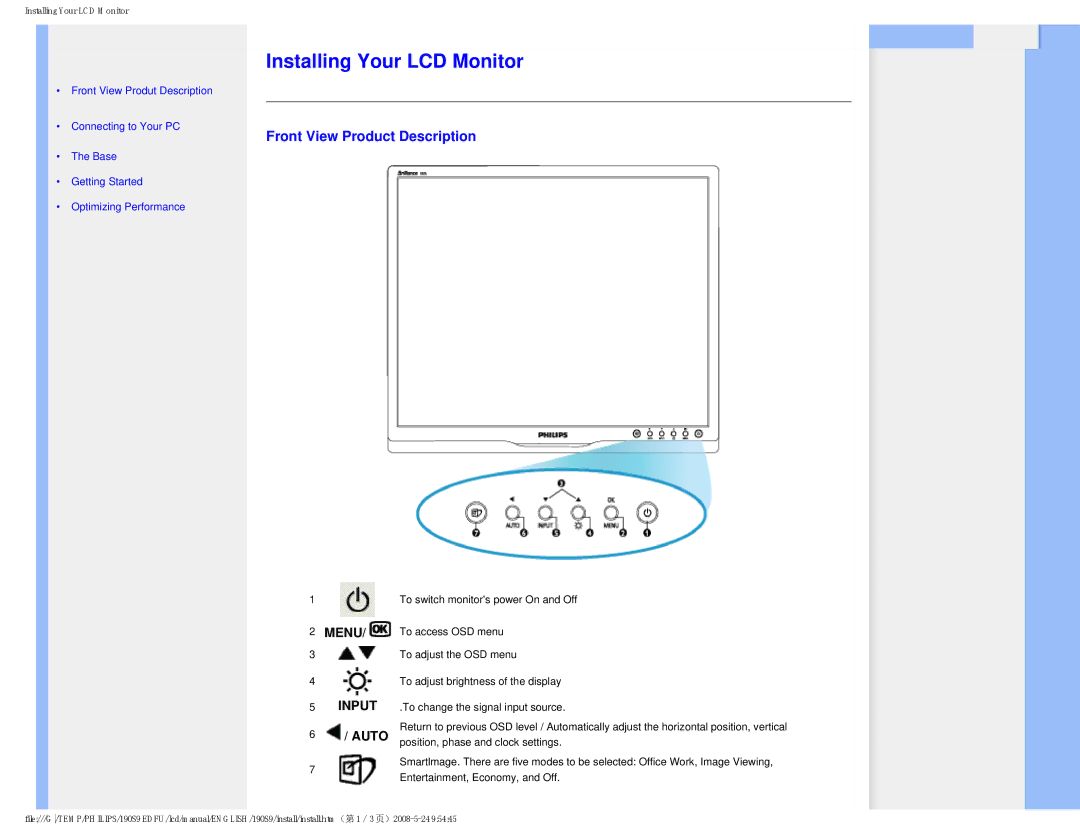 Philips 190S9 user manual Installing Your LCD Monitor, Front View Product Description, Menu, Auto 