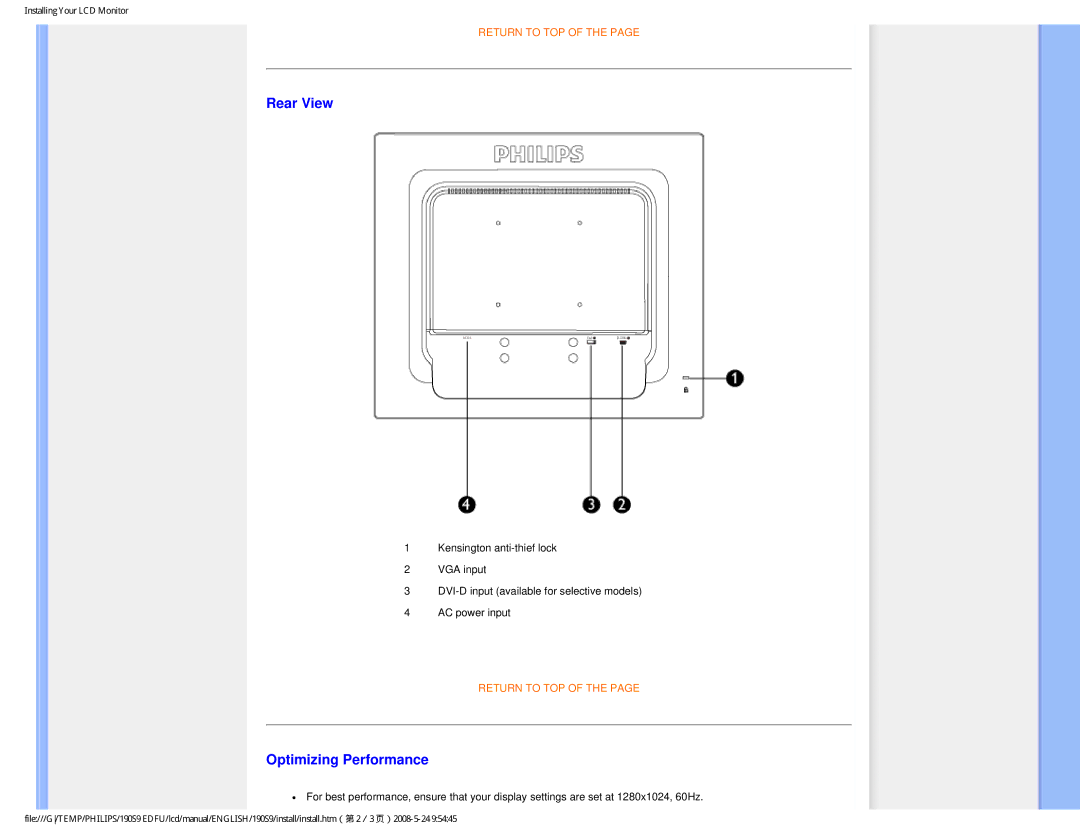 Philips 190S9 user manual Rear View, Optimizing Performance 